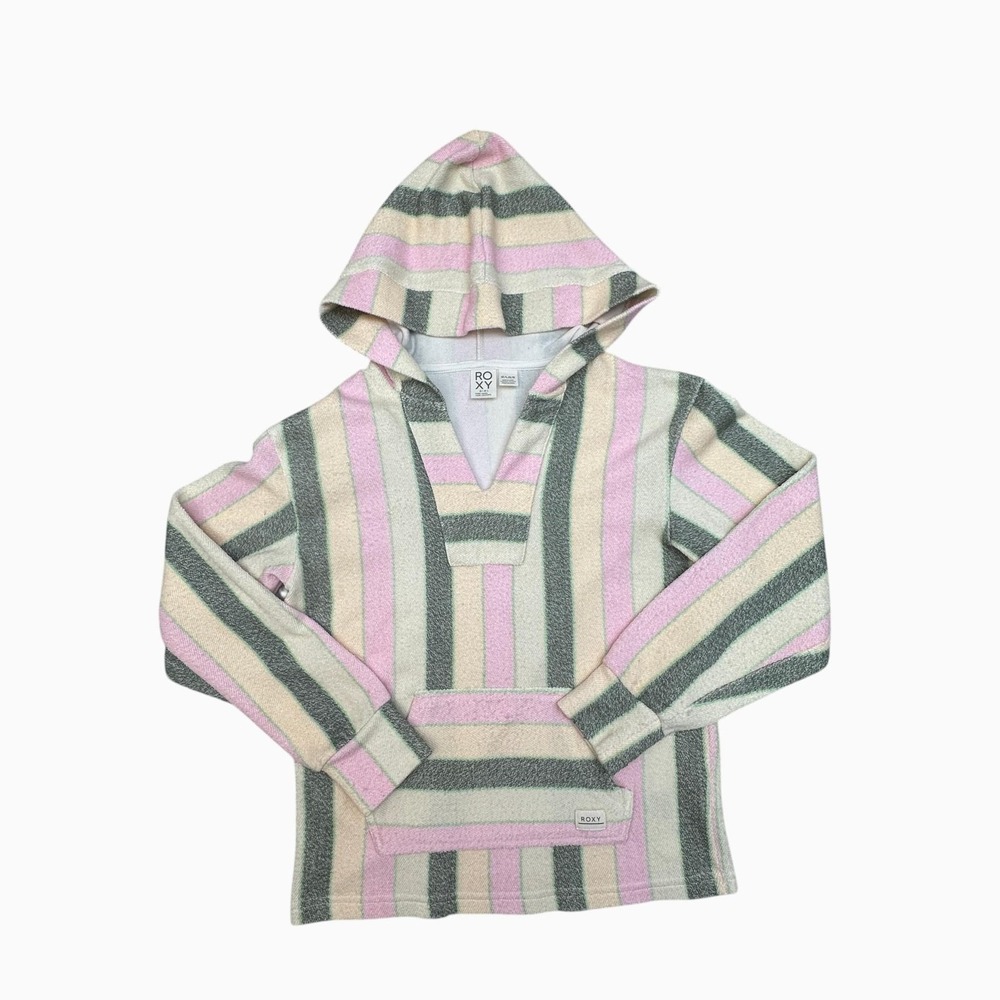 Roxy Girl Pullover Hoodie Girls 12 Multicolor Striped Terry V Neck Pocket
